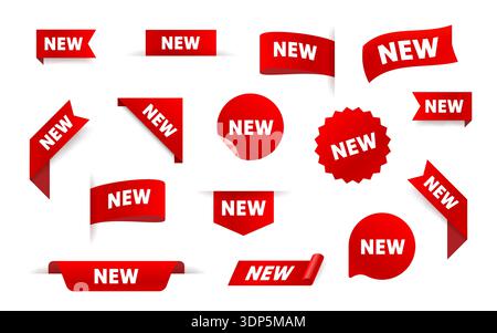 Set di NUOVE etichette, etichette e adesivi rosso brillante, perfetto per annunci di prodotti e promozioni. Illustrazione vettoriale Illustrazione Vettoriale