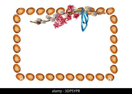 Cornice di Pasqua in acquerello fatta di uova d'oro, con ramoscello di salice, fiori rosa e nastro blu. Illustrazione per biglietti d'auguri, inviti, festività Foto Stock