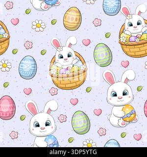 Motivo pasquale senza cuciture con simpatici conigli bianchi cartoni animati e uova di Pasqua. Illustrazione vettoriale delle festività con coniglietti su sfondo lilla. Illustrazione Vettoriale