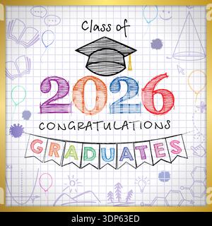 Corso 2026 congratulazioni per i laureati banner creativo. Design del biglietto d'auguri Illustrazione Vettoriale