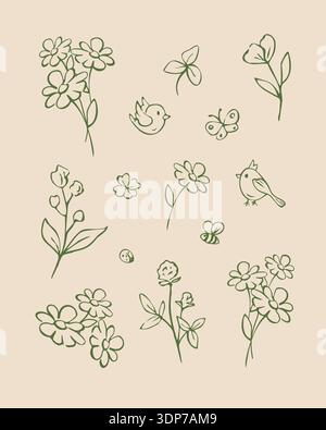Set di fiori selvatici e uccelli carini. Stravaganti scarabocchi disegnati a mano Illustrazione Vettoriale