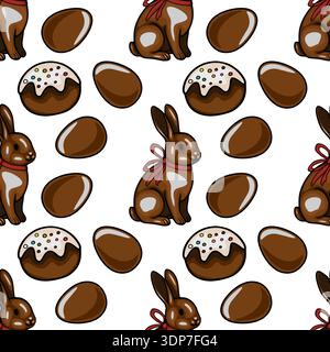 Fantasia vettoriale senza cuciture di coniglietti pasquali e uova decorate al cioccolato lucido Illustrazione Vettoriale
