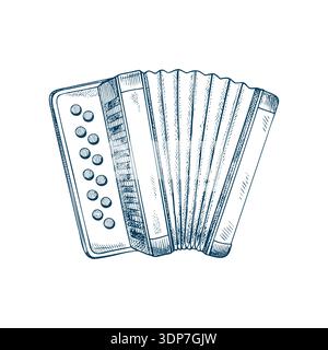 Fisarmonica con incisione vettoriale con pannello a bottoni e soffietti, stile retrò. Illustrazione Vettoriale