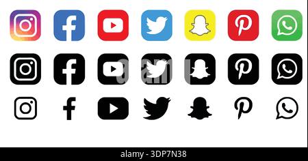 Le icone vettoriali dei social media impostano Instagram Facebook YouTube Twitter Snapchat Pinterest WhatsApp a colori in nero e stili di contorno isolati su bianco Illustrazione Vettoriale