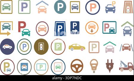 Icone di parcheggio e trasporto Imposta i simboli del parcheggio per Smart City Navigation Automotive Service e EV Charging Vector Collection Illustrazione Vettoriale