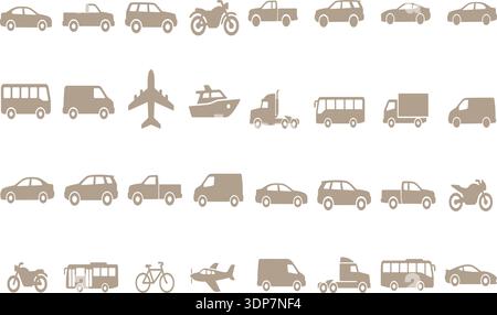 Veicolo di trasporto silhouette Icons Set Auto camion autobus Van motociclette Airplane barca Vector Collection Illustrazione Vettoriale