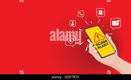 Tenere a mano il telefono con le icone di avviso truffa e comunicazione mobile, che mostrano il rischio di frode online in chiamate, messaggi ed e-mail. Illustrazione Vettoriale