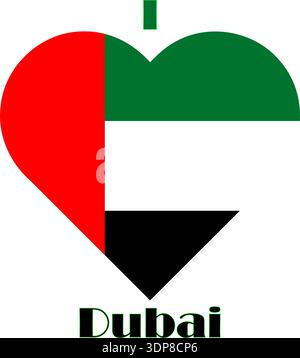 Grafica vettoriale della bandiera i Love Dubai. Composto dalle parole i, un cuore contenente la bandiera degli Emirati Uniti e Dubai Illustrazione Vettoriale