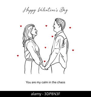 San Valentino in stile minimalista con una coppia romantica disegnata con eleganti linee nere. Lo stile della linea semplice trasmette amore, tenerezza ed emozione Foto Stock