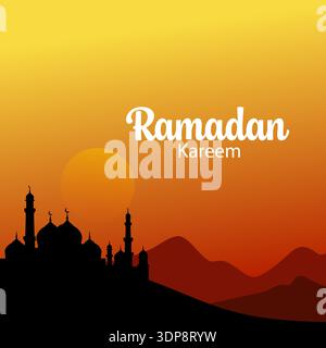 Biglietto d'auguri Ramadan Kareem caratterizzato da una moschea nera e montagne desertiche contro un caldo cielo arancione al tramonto. Illustrazione Vettoriale