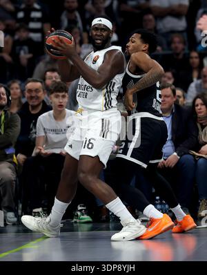 Belgrado, Serbia. 13 febbraio 2026. Usman Garuba del Real Madrid durante la partita di basket dell'Eurolega tra Partizan e Real Madrid il 13 febbraio. 2026. A Belgrado, Serbia. (Foto di Pedja Milosavljevic/STARSPORT ©) Foto Stock