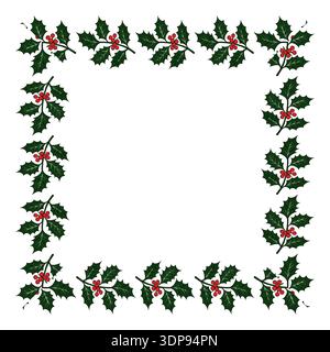 Le bacche di agrifoglio della pianta di Natale incorniciano la corona. Impianto di decorazione stagionale invernale con foglie verdi. Collezione di elementi per Natale e Capodanno Foto Stock