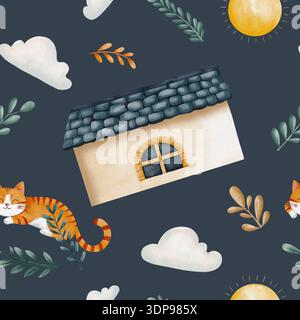Motivo acquerello senza cuciture con gatto da tabby allo zenzero, casa con tetto piastrellato, sole, nuvole ed erba. Elementi del libro di fiabe su sfondo blu scuro. Disegnato a mano, per arte murale, poster e disegni Foto Stock