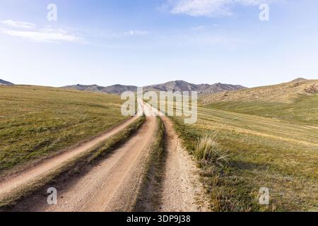 Una tortuosa strada sterrata serpeggia attraverso le ondulate steppe e le colline erbose del Parco Nazionale di Hustai (Khustain Nuruu) nella Mongolia centrale. Foto Stock