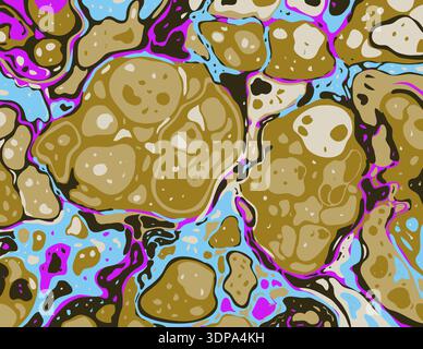 Marbling digitale o illustrazione inkscape di un astratto psychedelic vorticoso Marmo liquido simulato in effetto marmorizzato Suminagashi Kintsugi Foto Stock