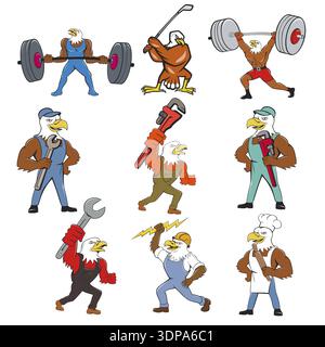 Set o raccolta di illustrazioni in stile mascotte dei personaggi dei cartoni animati di su sfondo bianco isolato Foto Stock