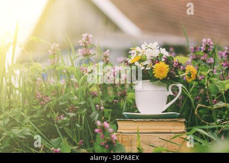 Paesaggio rurale una pila di vecchi libri con un bicchiere di fiori su uno sfondo di erba fiorita e una casa rustica in una mattina di sole primaverile o d'estate Foto Stock