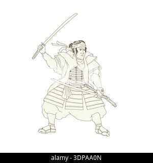 Illustrazione in stile boschivo del Guerriero Samurai Katana con la spada vista da un lato su sfondo isolato Foto Stock