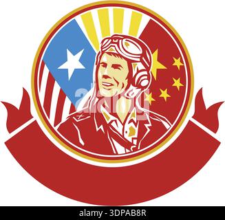 Illustrazione di un aviatore aviatore della seconda guerra mondiale sorridente guardando al fianco delle bandiere USA e Cina sullo sfondo ambientate insi Foto Stock