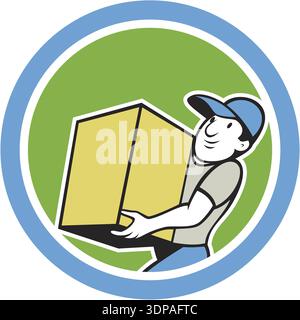 Immagine di un addetto alla consegna che consegna pacchi confezionati in scatola all'interno di un cerchio su sfondo isolato, in stile cartone animato Foto Stock