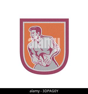 Illustrazione in stile metallizzato di un giocatore di rugby che passa la palla, ambientata all'interno dello stemma realizzato in stile retrò Foto Stock