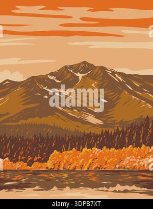 Poster art WPA del Fallen Leaf Lake dal Taylor Creek Trail in autunno nella contea di El Dorado, California, a sud-ovest del lago Tahoe, Stati Uniti, fatto in Foto Stock
