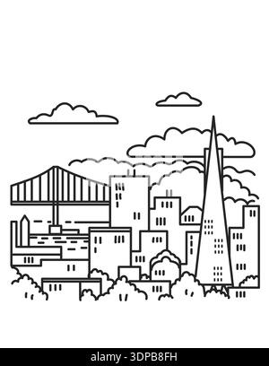 Illustrazione poster in mono linea dello skyline del centro di San Francisco con il Golden Gate Bridge nella Bay Area, California USA fatto in stile Art linea Monoline Foto Stock