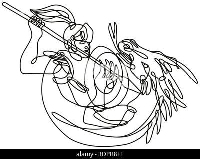 Illustrazione continua di disegno di linea del cavaliere con la lancia e lo scudo drago di combattimento fatto in mono linea o in stile doodle in bianco e nero su isolato Foto Stock