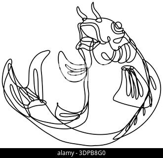 Illustrazione di un nishikigoi koi koi in linea continua di un pesce carpa saltando in su fatto in monlinea o in stile di doodle in bianco e nero su backgro isolato Foto Stock