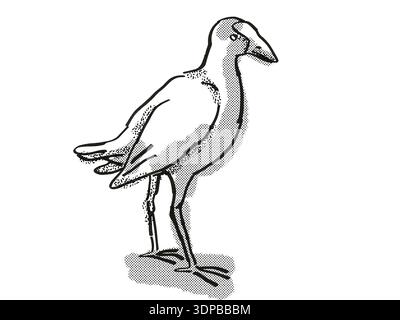 Disegno in stile cartoni animati retrò di un pukeko o di una palude viola, un uccello neozelandese su sfondo bianco isolato realizzato in bianco e nero Foto Stock