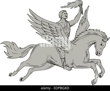 Schizzo di disegno illustrazione dello stile di Bellerophon, una mitologia greca hero riding Pegasus, un cavallo alato-dio stallone divina tenendo la torcia visto dal Foto Stock