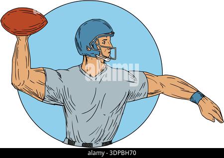 Schizzo di disegno illustrazione dello stile di un american football gridiron quarterback player braccia tese gettando la sfera osservata dal lato imposta all'interno di cir Foto Stock