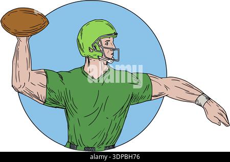 Schizzo di disegno illustrazione dello stile di un american football gridiron quarterback player braccia tese gettando la sfera osservata dal lato imposta all'interno di cir Foto Stock