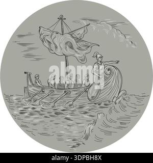 Schizzo di disegno illustrazione dello stile di un greco antico trirema nave da guerra nave con i marittimi di canottaggio e navigator rivolta in avanti la vela su terreni accidentati Medite Foto Stock