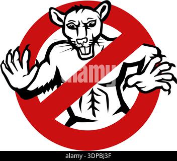 Illustrazione che mostra un ratto bianco muscoloso racchiuso in un segnale stradale busted, stop o no entry su sfondo bianco isolato realizzato in stile retrò Foto Stock