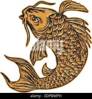 Incisione incisa in stile artigianale illustrazione di un pesce nishikigoi carpa koi che salta visto da un lato su sfondo isolato Foto Stock