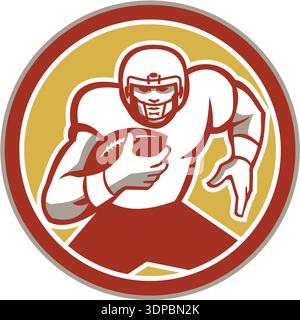 Immagine di un giocatore di football americano che corre indietro con la palla rivolta verso la parte anteriore all'interno del cerchio realizzato in stile retrò Foto Stock