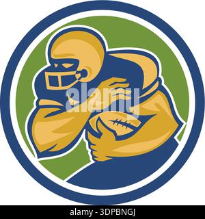 Immagine di un giocatore di football americano che corre di nuovo in corsa con la palla all'interno di un cerchio su sfondo isolato realizzato in stile retrò Foto Stock