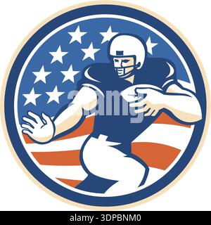 Immagine di un giocatore di football americano che corre indietro con la palla rivolta verso la parte anteriore all'interno del cerchio con stelle americane e strisce all'interno Foto Stock