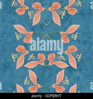 Bordo floreale acquerello senza cuciture, fiori di pesca, gambi delicati su sfondo blu. Elegante design botanico verticale, perfetto per la cartoleria per matrimoni Foto Stock