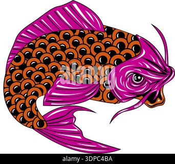 Illustrazione di un pesce carpa koi che salta in stile retrò Foto Stock