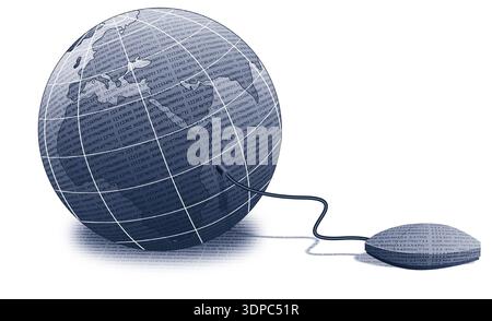 Immagine di un mouse collegato a un globo isolato su sfondo bianco realizzato in stile retrò Foto Stock