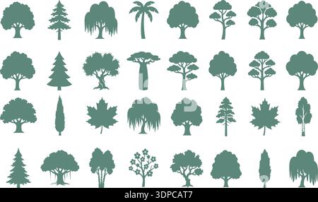 Set di profili di alberi verdi che includono quercia, pino, palma e betulla in un semplice disegno vettoriale nero Illustrazione Vettoriale