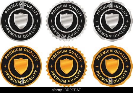 Set di distintivi Premium Quality Shield in oro e argento: Sigillo di garanzia di lusso, emblema di protezione, etichetta di certificazione, marchio di sicurezza Vector Collection Illustrazione Vettoriale