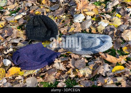 Tre cappelli invernali a maglia e una sciarpa adagiata su foglie autunnali cadute all'aperto, intimi abiti stagionali a terra con luce naturale. Foto Stock