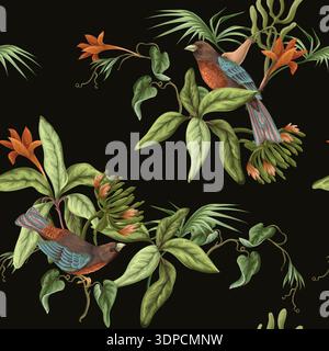 Uccelli tropicali floreali motivo senza cuciture con illustrazione botanica esotica nella giungla vintage Illustrazione Vettoriale