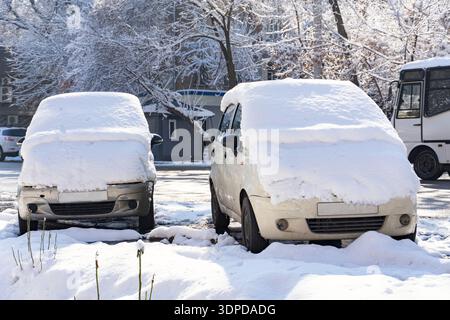 Due auto parcheggiate ricoperte di neve spessa si trovano vicino a alberi innevati ed edifici, riflettendo l'impatto dell'inverno sui trasporti urbani Foto Stock