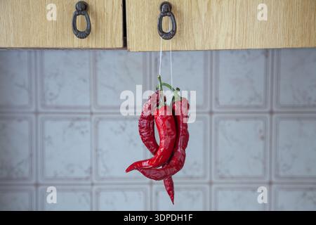 Peperoni rossi appesi su un armadietto da cucina Foto Stock