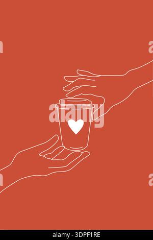 Caffetteria disegnata a mano o poster, scheda o modello di menu per il marchio del caffè, tazza di carta da caffè da asporto e mani che la tengono in mano Illustrazione Vettoriale