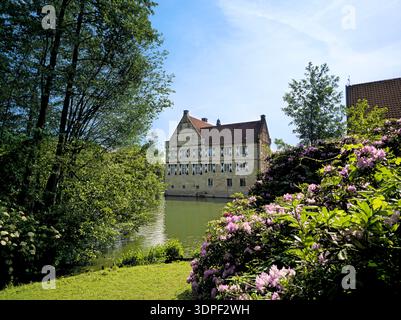 Castello Huelshoff, Havixbeck, Renania settentrionale-Vestfalia, Germania, Europa. Il castello di Huelshoff è il più tipico castello di fossati nella regione di Muenster a Ger Foto Stock